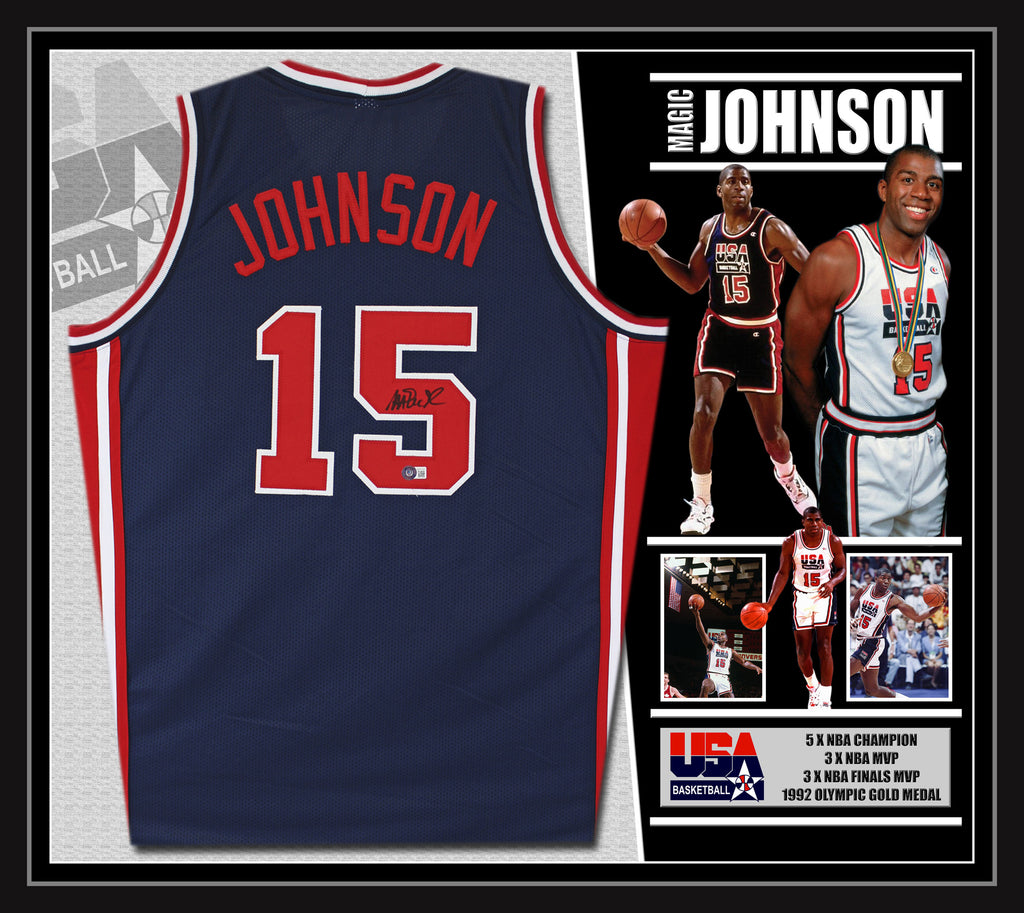 Magic Johnson Signed & Framed USA Blue Jersey (Beckett)