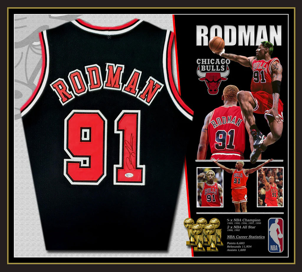 Dennis RODMAN Chicago Bulls Signed & Framed Black Jersey (James Spence - JSA)