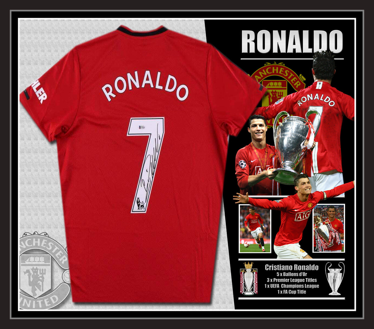 Exclusive Memorabilia Maglia del Manchester United autografata da Cristiano  Ronaldo. Cornice Deluxe : : Sport e tempo libero