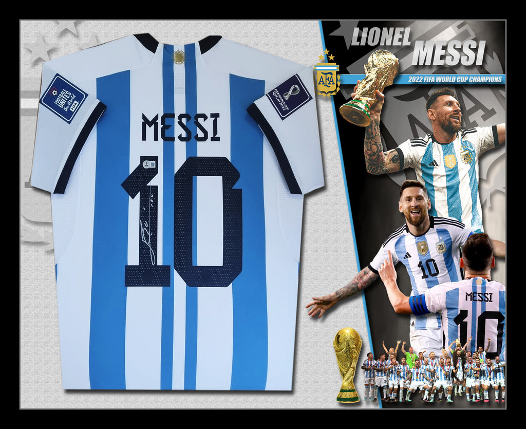 2022 Lionel Messi Argentina Signed & Framed World Cup Shirt Jersey (Beckett Witnessed)