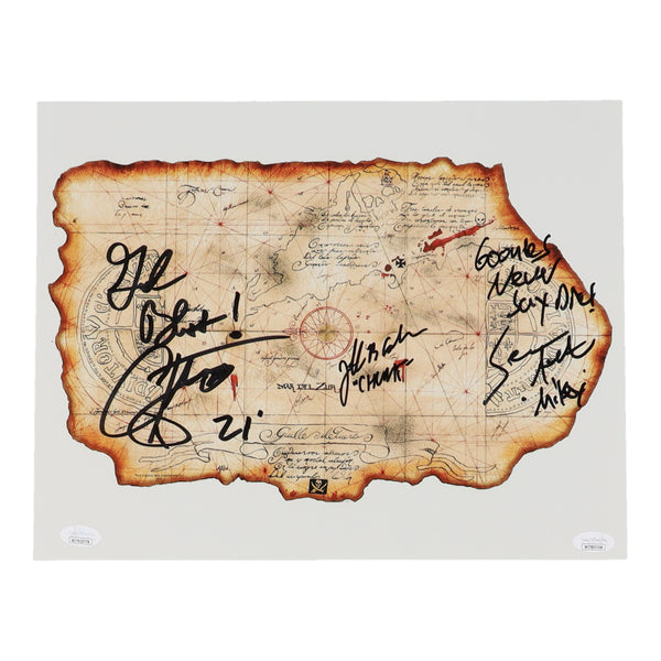Sean Astin, Corey Feldman & Jeff Cohen Signed "The Goonies" 11x14 Treasure Map Photo With Multiple Inscriptions (JSA)