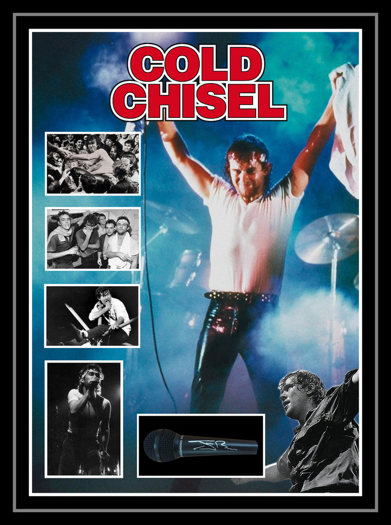 COLD CHISEL JIMMY BARNES SIGNED & BOX FRAMED MICROPHONE.