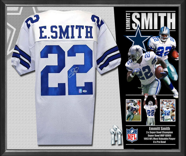 Emmitt Smith Autographed Dallas Cowboys Career Stat Jersey Framed