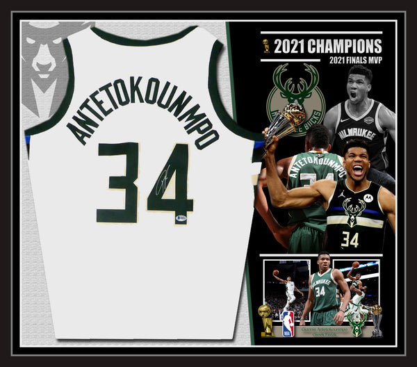 Giannis Antetokounmpo Milwaukee Bucks NBA Champion Signed & Framed Pro Style White Jersey (Beckett)