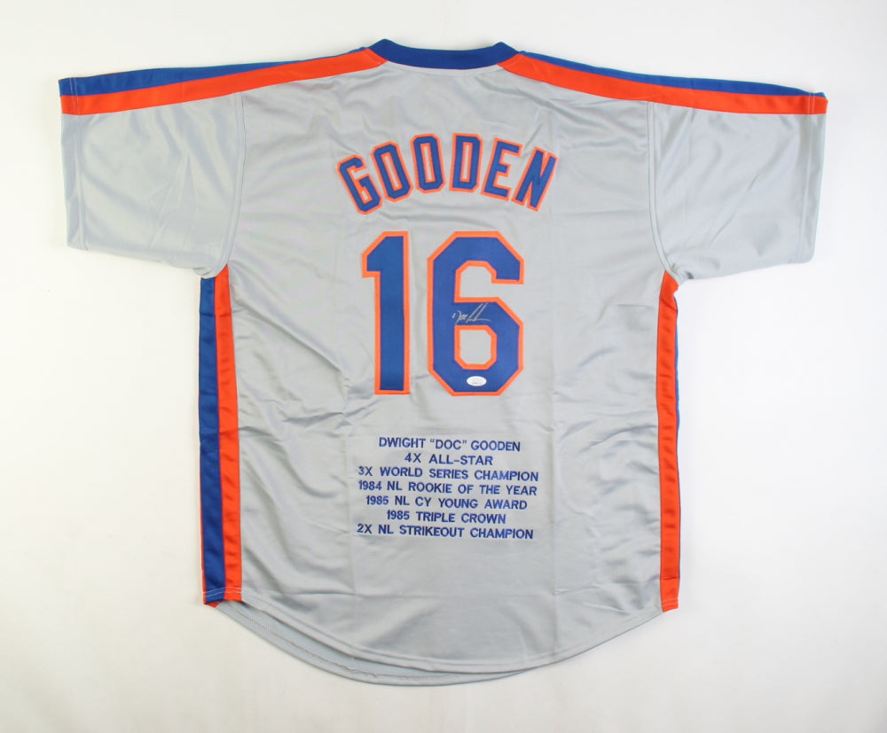 Dwight "Doc" Gooden Signed Career Highlight Stat NY Mets Jersey (JSA)