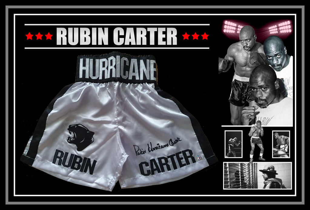 Rubin 'HURRICANE' Carter Signed & Framed Boxing Trunks (ASI)