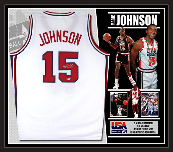 Magic Johnson Signed & Framed USA Jersey (Beckett)