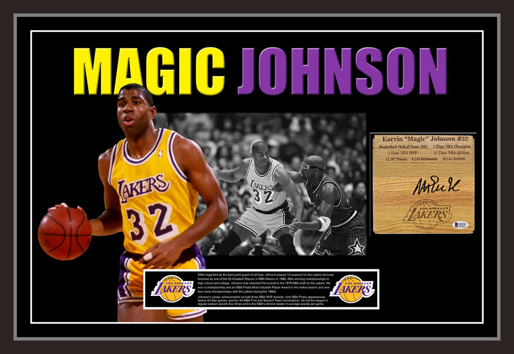 Magic JOHNSON LA Lakers Signed & Framed Floorboard (Beckett)