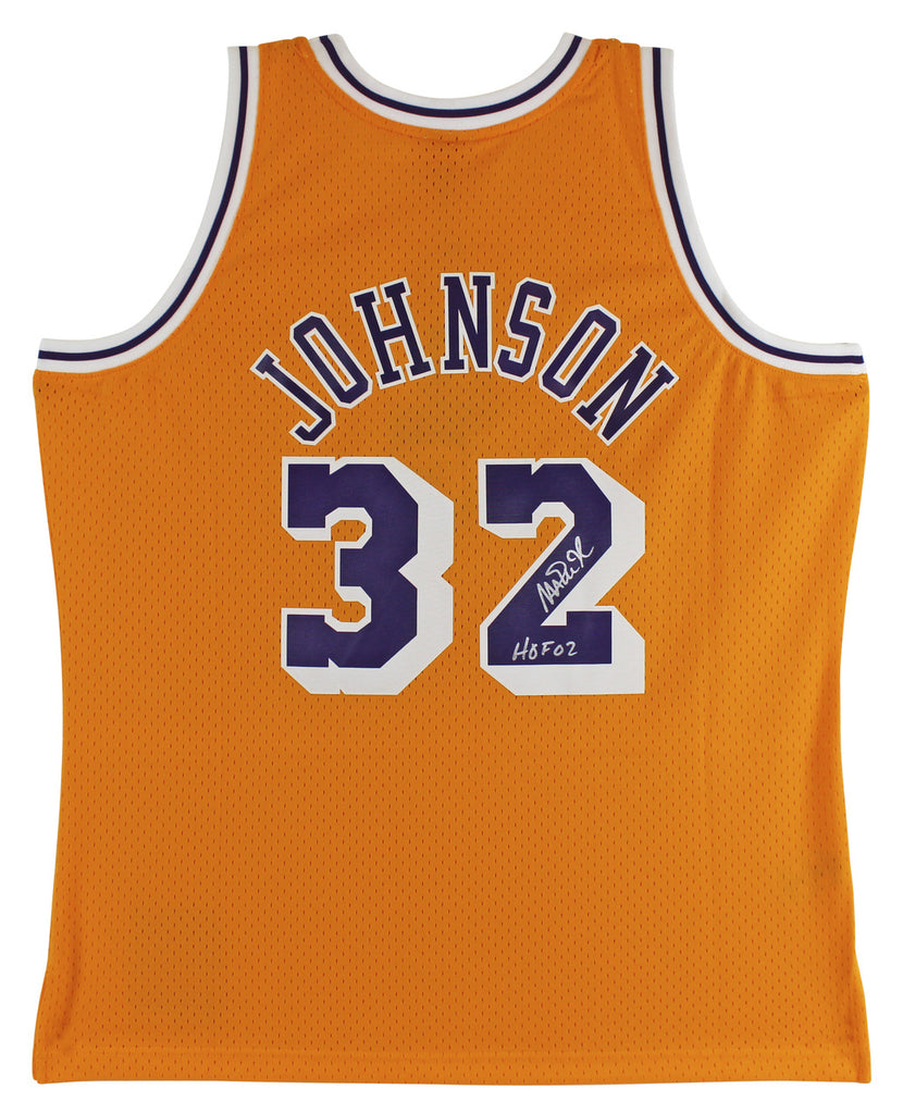 Magic Johnson LA Lakers Signed 1984-85 M&N HWC Swingman Yellow Jersey BAS Witnesssed