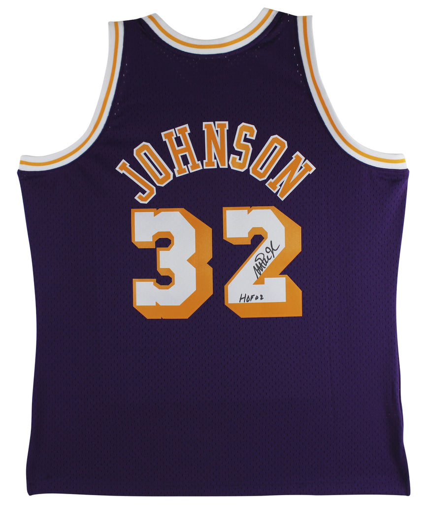 Magic Johnson LA Lakers "HOF 02" Signed Purple M&N HWC Swingman Jersey BAS Witness