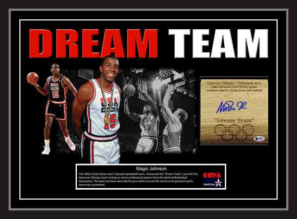 Magic Johnson 1992 USA Dream Team Signed & Framed Floorboard (Beckett).