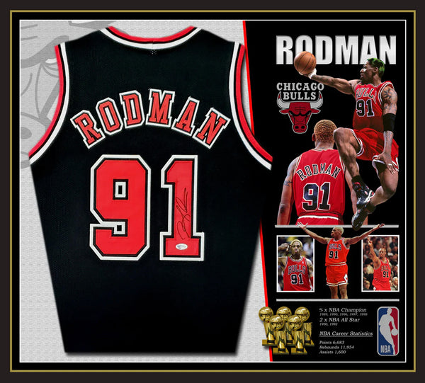 Dennis RODMAN Chicago Bulls Signed & Framed Black Jersey (James Spence - JSA)