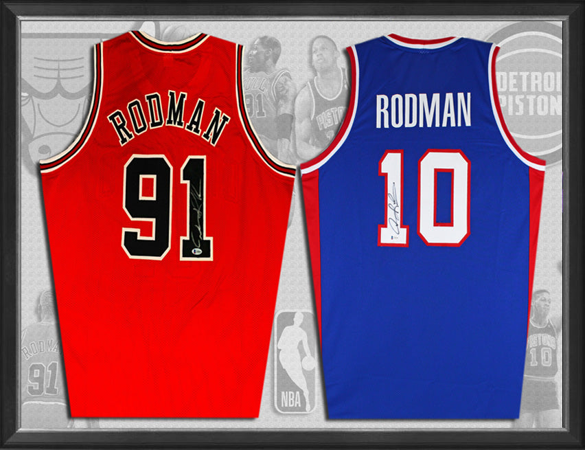 Dennis RODMAN Chicago Bulls & Detroit Pistons Dual Signed & Framed Pro-Style Jerseys (Beckett & JSA)