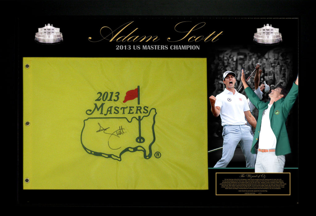 ADAM SCOTT 2013 US MASTERS CHAMPION PIN FLAG SIGNED & FRAMED LIMITED EDITION