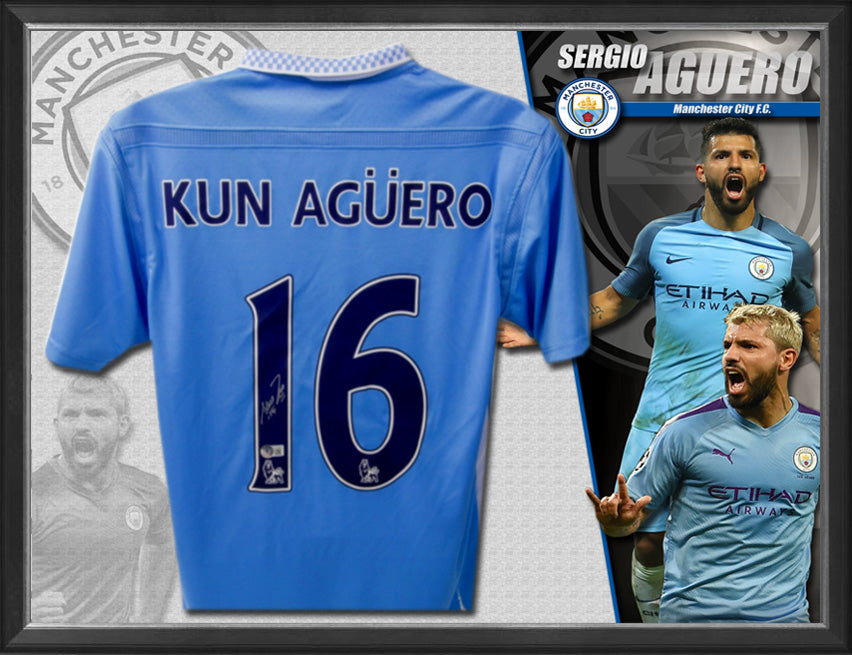 Sergio Kun Aguero Signed & Framed Manchester City Jersey (Beckett)