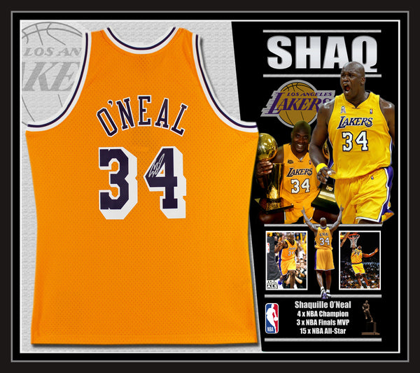 Lakers Shaquille O'Neal Signed & Framed Yellow M&N HWC Swingman Jersey BAS Witnessed