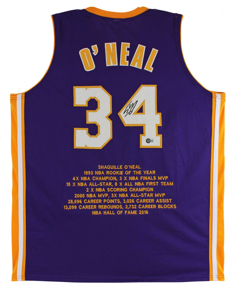 Shaquille O'Neal LA Lakers Signed Career Stats Purple Jersey (Beckett).