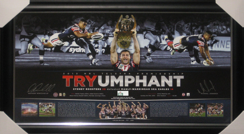 2013 Sydney Roosters 'TRYUMPHANT' duel signed & framed lithograph.